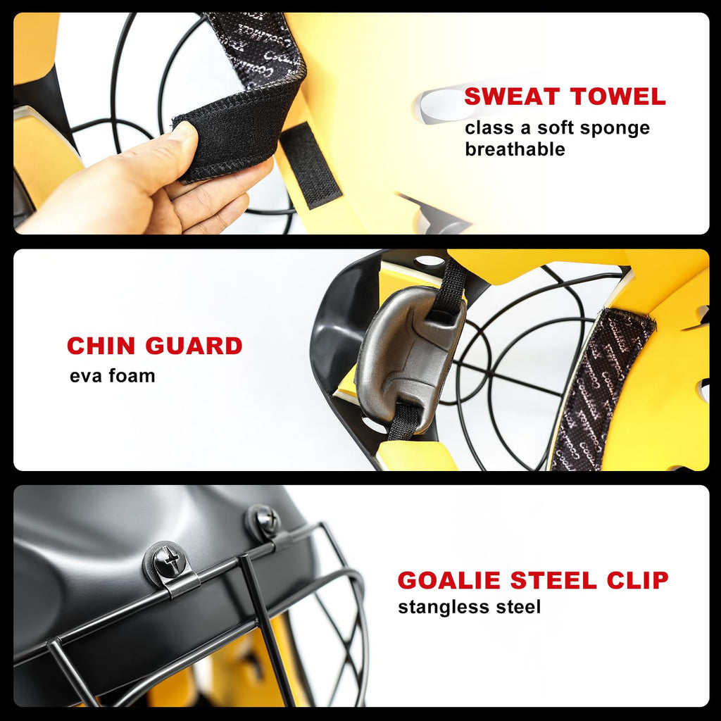 GY Hockey Helmet Combo with Facemask Senior Ice Hockey Goalie Helmet Adult/Cat-Eye Cage, Professional PC & ABS Shell/ 304 Stainless Steel Face Cage/Dual-Layer Lining