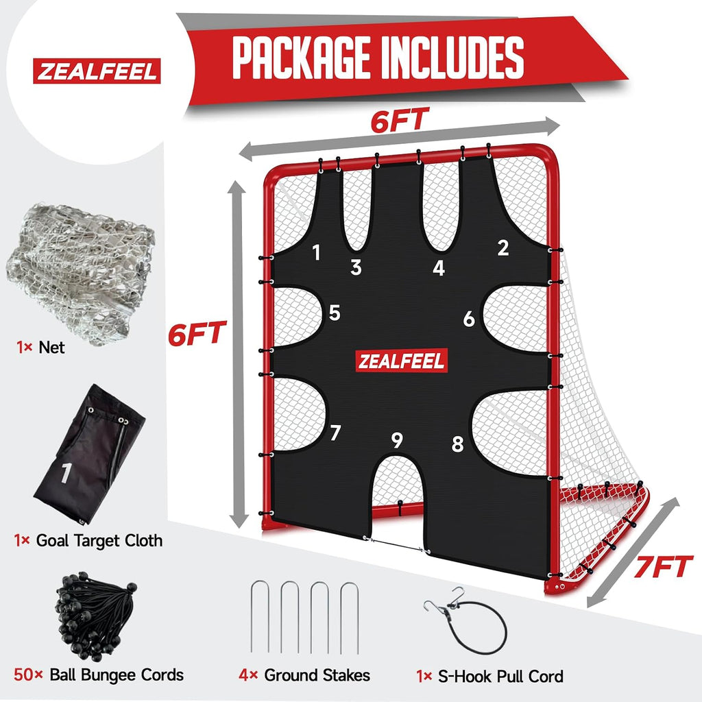 ZEALFEEL Lacrosse Goal 6x6x7Ft with 9-Zone Training Target