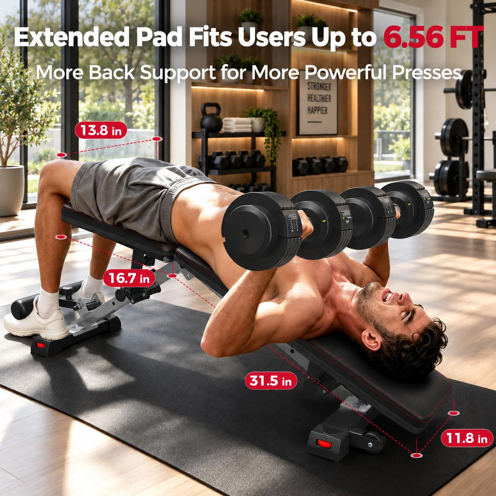 FLYBIRD WB5 Weight Bench, ASTM-Certified 800LBS Adjustable Weight Bench Workout Bench Foldable for Home Gym, 90Â° to -30Â° FID and 30in Extended Backrest for Bench Press Strength Training Exercise
