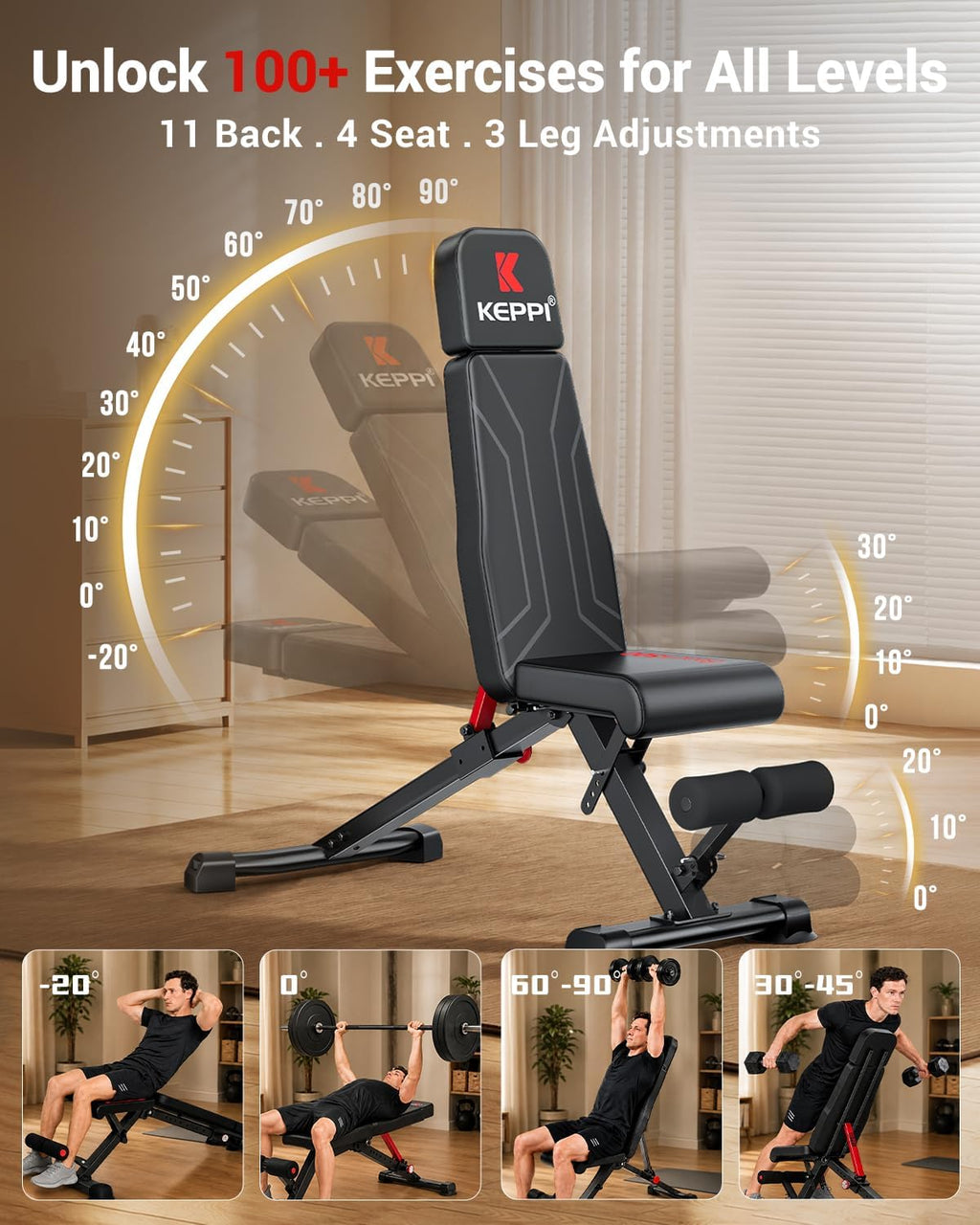 Keppi Weight Bench 900Lb, Adjustable Foldable Sturdy Bench for Home Gym