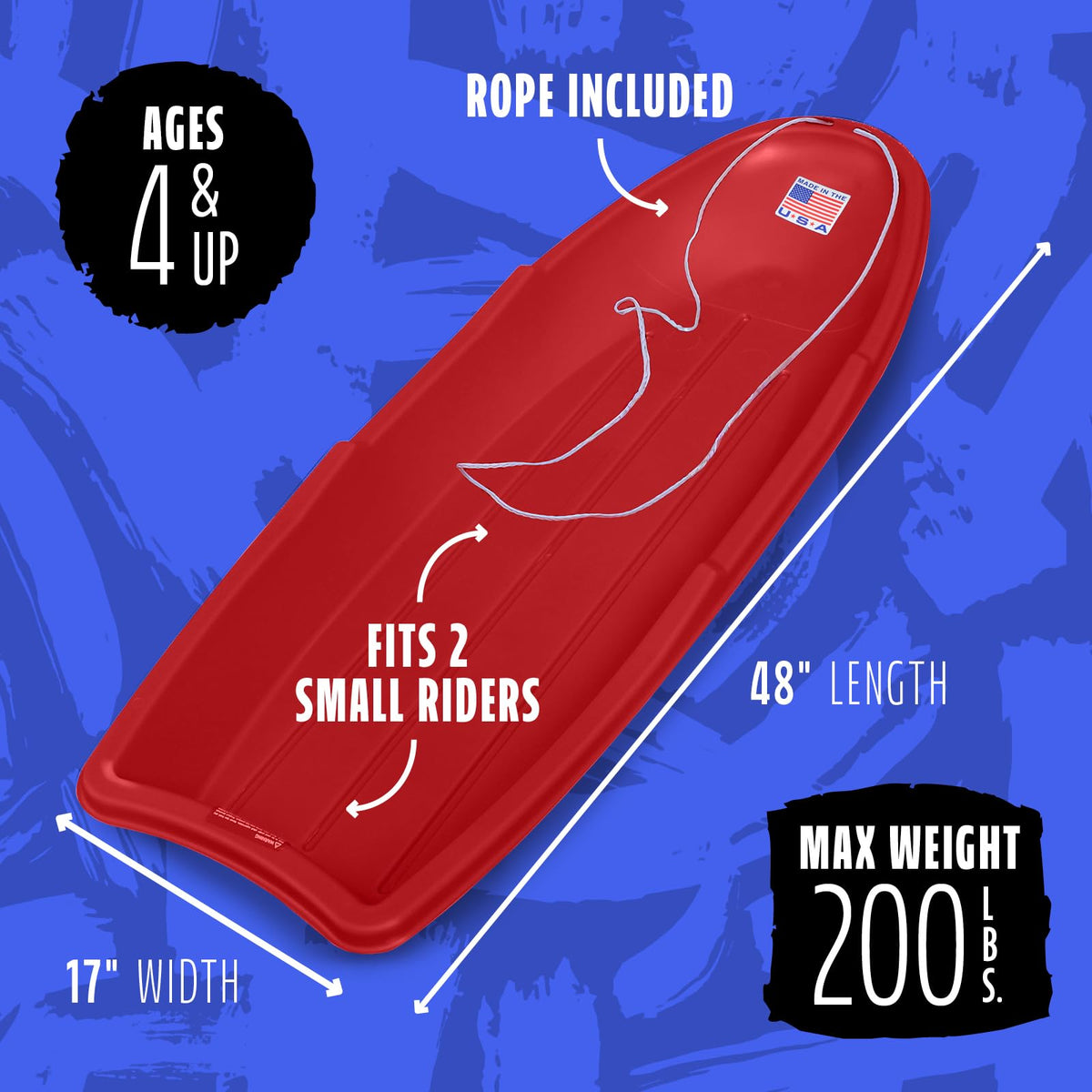 Flexible Flyer Winter Lightning Snow Sleds for Kids and Adults (Red) - 48 Inch Toboggan Style Plastic Sled with Hard Bottom for Fast, Smooth Rides - 1 or 2 Riders