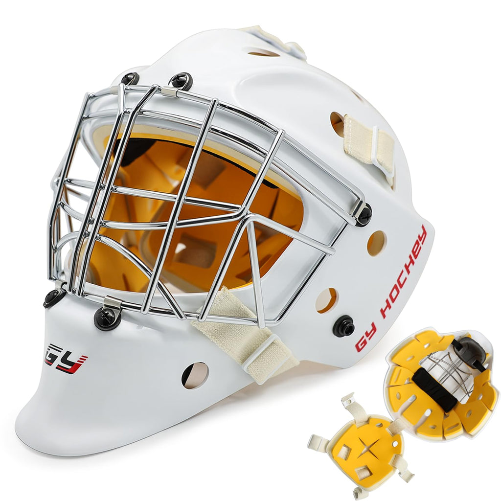 GY Hockey Helmet Combo with Facemask Senior Ice Hockey Goalie Helmet Adult/Cat-Eye Cage, Professional PC & ABS Shell/ 304 Stainless Steel Face Cage/Dual-Layer Lining