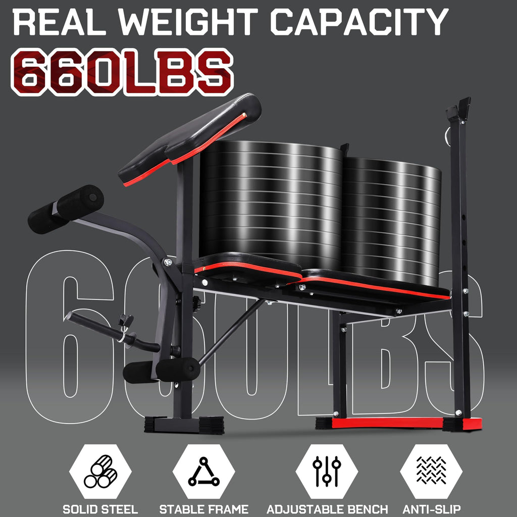 OPPSDECOR Foldable Weight Bench Set with Leg Extension and Curl, Squat Rack