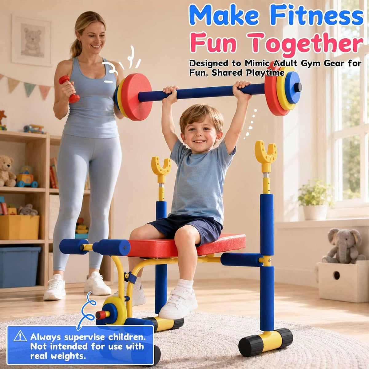 ZCMHAXJ Kids Weight Bench Set, Kids Workout Equipment with Adjustable Barbell Rack, Toy Barbell & Foam Weights, Indoor Exercise Play Gym for Boys and Girls Ages 3+, Fun Fitness Equipment