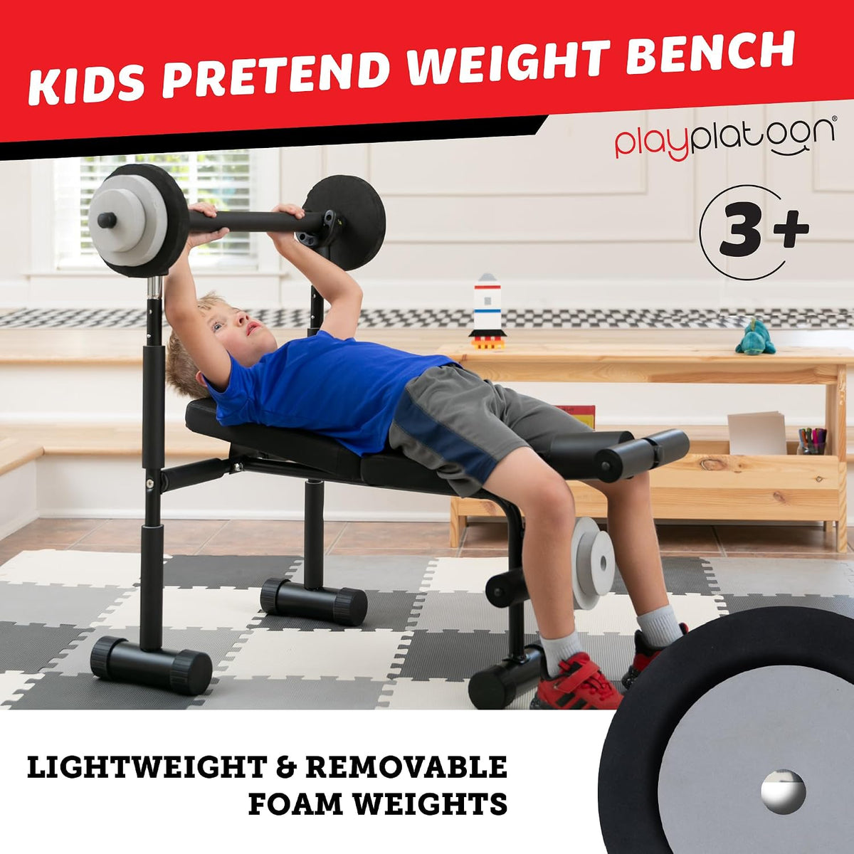 Play Platoon Kids Weight Bench Set or Squat Rack- Kids Gym Equipment for Home - Fitness Equipment for Boys - Workout and Exercise Equipment - Ages 3+