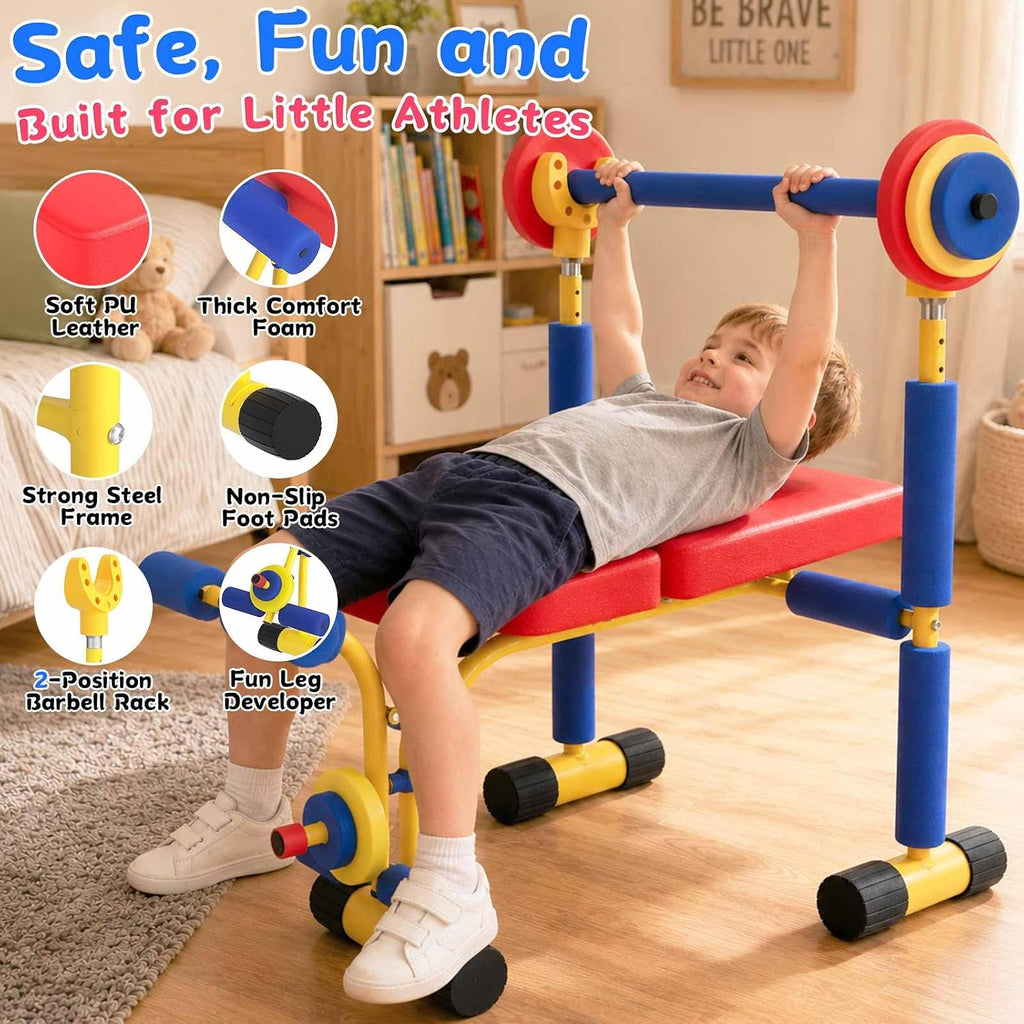 ZCMHAXJ Kids Weight Bench Set, Kids Workout Equipment with Adjustable Barbell Rack, Toy Barbell & Foam Weights, Indoor Exercise Play Gym for Boys and Girls Ages 3+, Fun Fitness Equipment