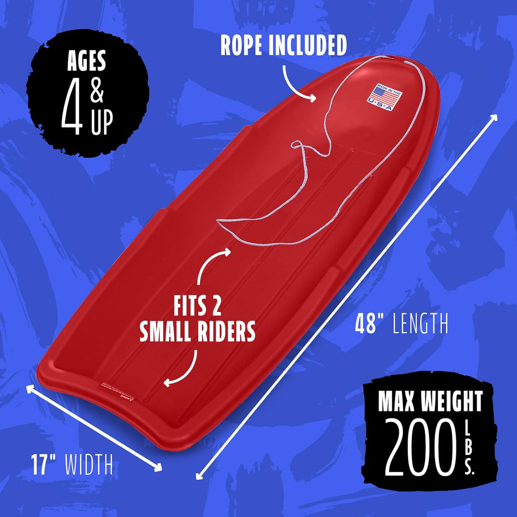 Flexible Flyer Winter Lightning Snow Sleds for Kids and Adults (Red) - 48 Inch Toboggan Style Plastic Sled with Hard Bottom for Fast, Smooth Rides - 1 or 2 Riders