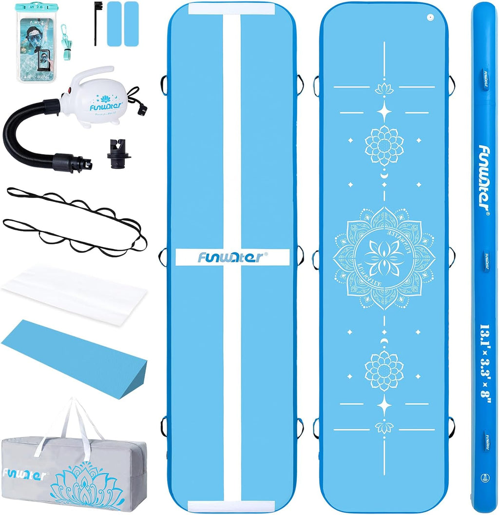 FunWater 13ft Inflatable Gymnastics Tumble Track Tumbling Mat 8in Thick Air Floor Tumble Track with Electric Pump for Cheer Leading/Gymnastics/Beach/Gym/Home