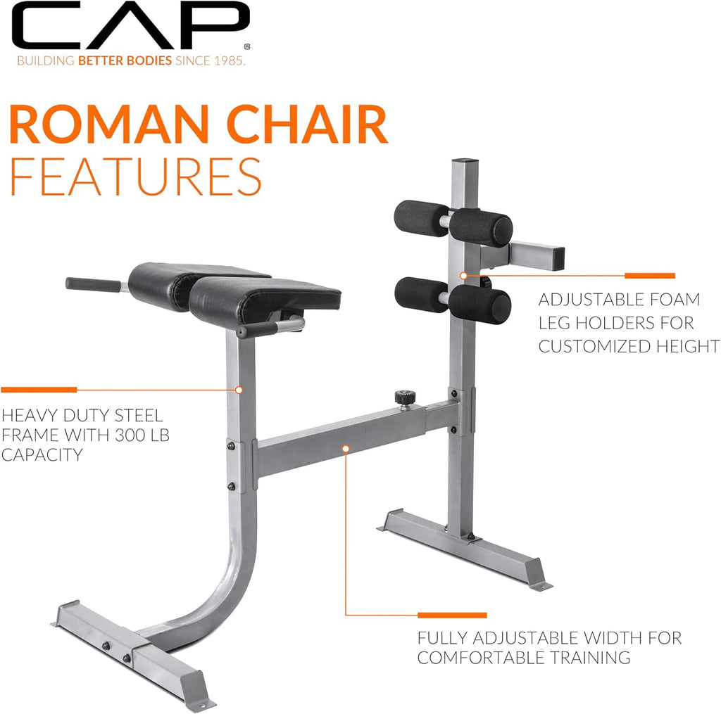 Cap Strength Roman Chair â Adjustable Back Extension Bench for Core & Glute Workouts, Heavy-Duty 300 LB Capacity - Black and Gray Options