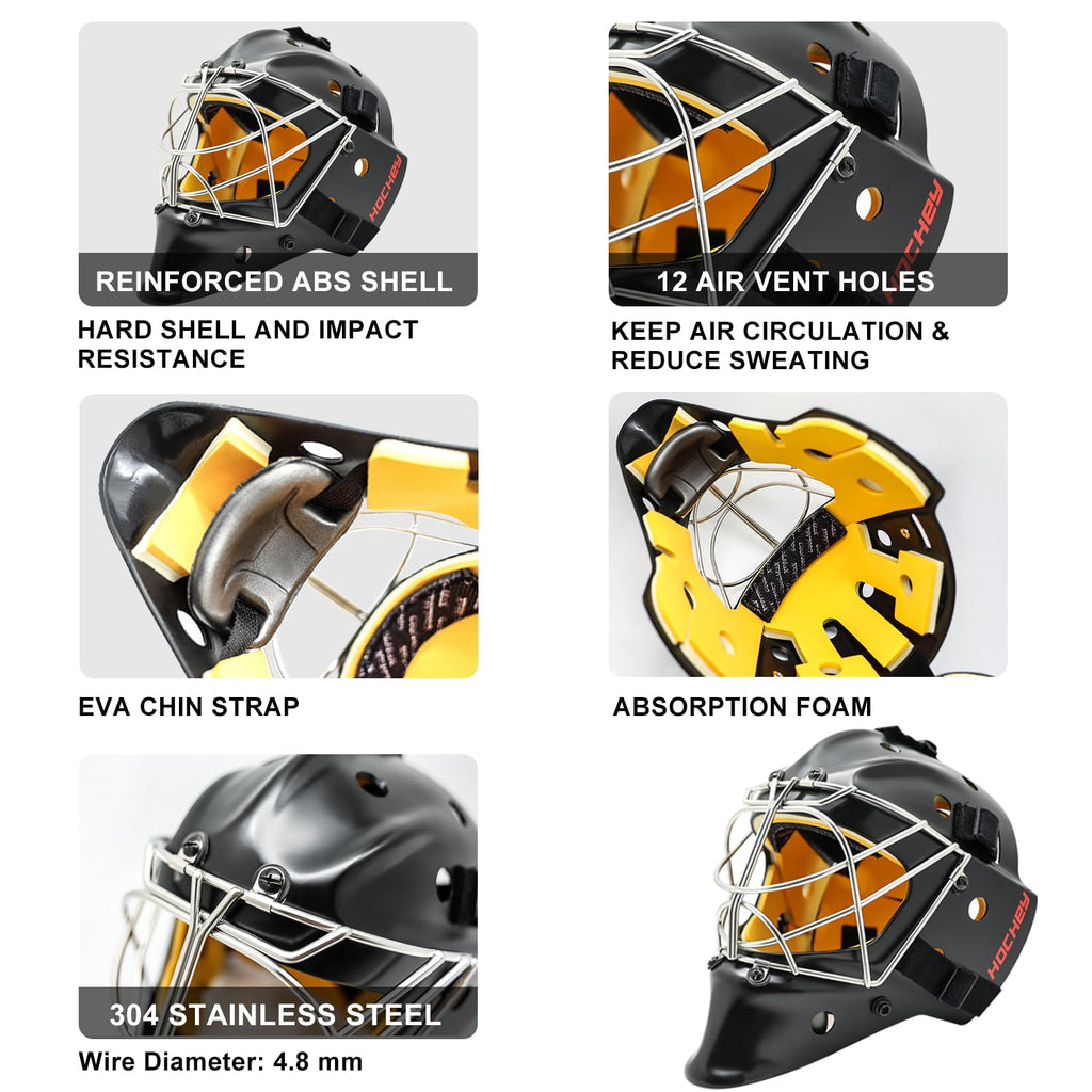 GY Hockey Helmet Combo with Facemask Senior Ice Hockey Goalie Helmet Adult/Cat-Eye Cage, Professional PC & ABS Shell/ 304 Stainless Steel Face Cage/Dual-Layer Lining