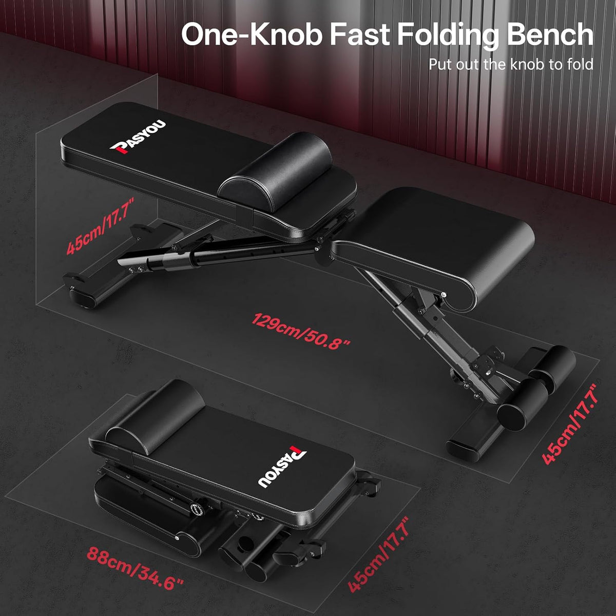 PASYOU Adjustable Weight Bench, 660LB Capacity Foldable Workout Bench, Incline Flat Bench Press for Home Gym, Dual-Frame Strength Training Bench, No Assembly Required, Wider Seat
