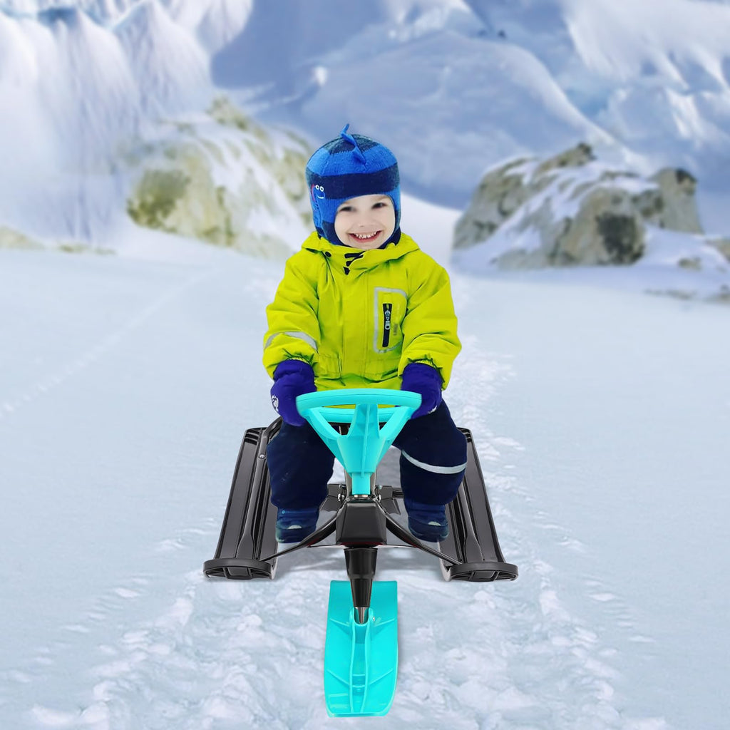 Snow Racer Sled, Steerable Ski Slider with Twin Serrated Brakes, 220lbs Load Capacity Winter Sport Sled for Adults Children
