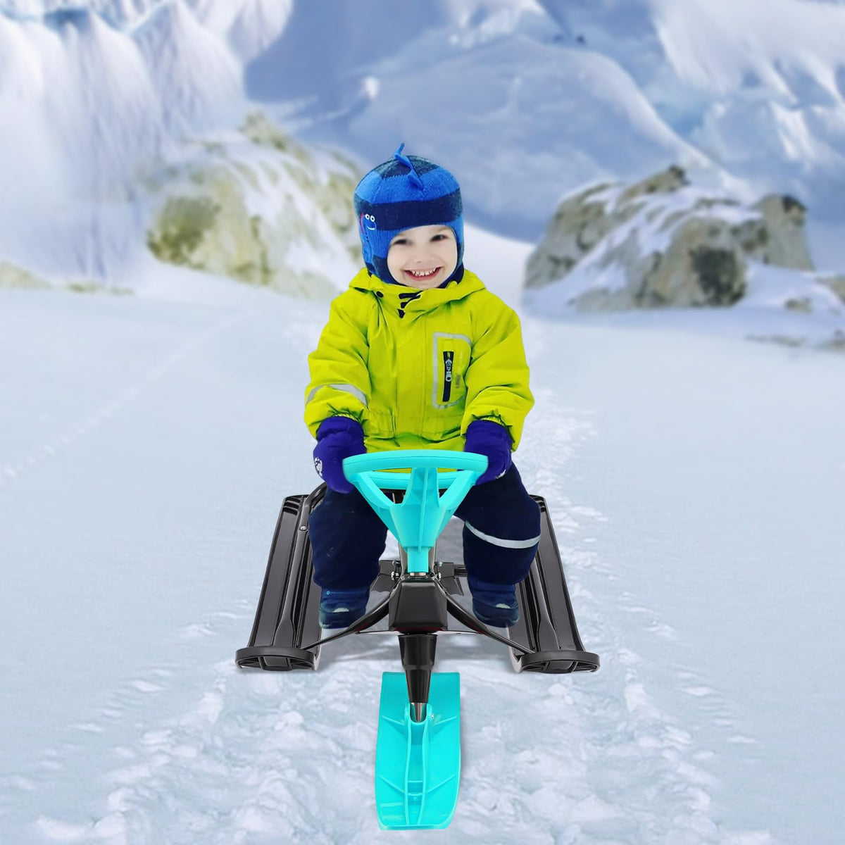 Snow Racer Sled, Steerable Ski Slider with Twin Serrated Brakes, 220lbs Load Capacity Winter Sport Sled for Adults Children