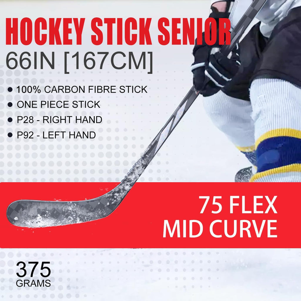 GY Ice Hockey Stick Senior Professional 100% Carbon Fibre Hockey Stick Adult 66"" Length, Shaft Woven UD 24K / Fle 75