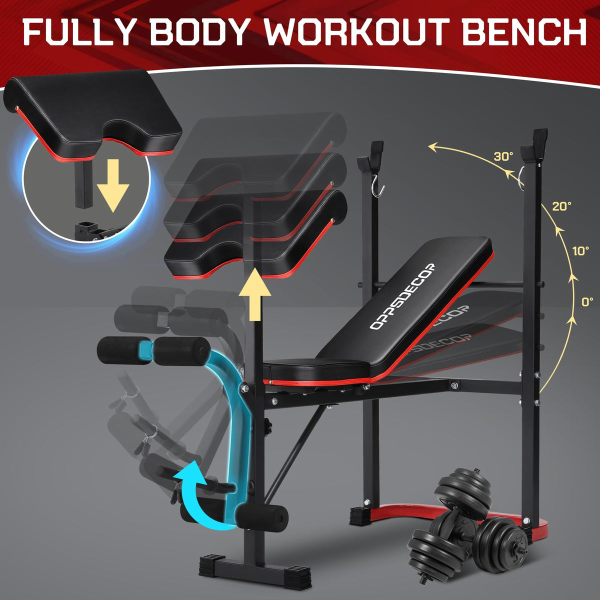 OPPSDECOR Foldable Weight Bench Set with Leg Extension and Curl, Squat Rack
