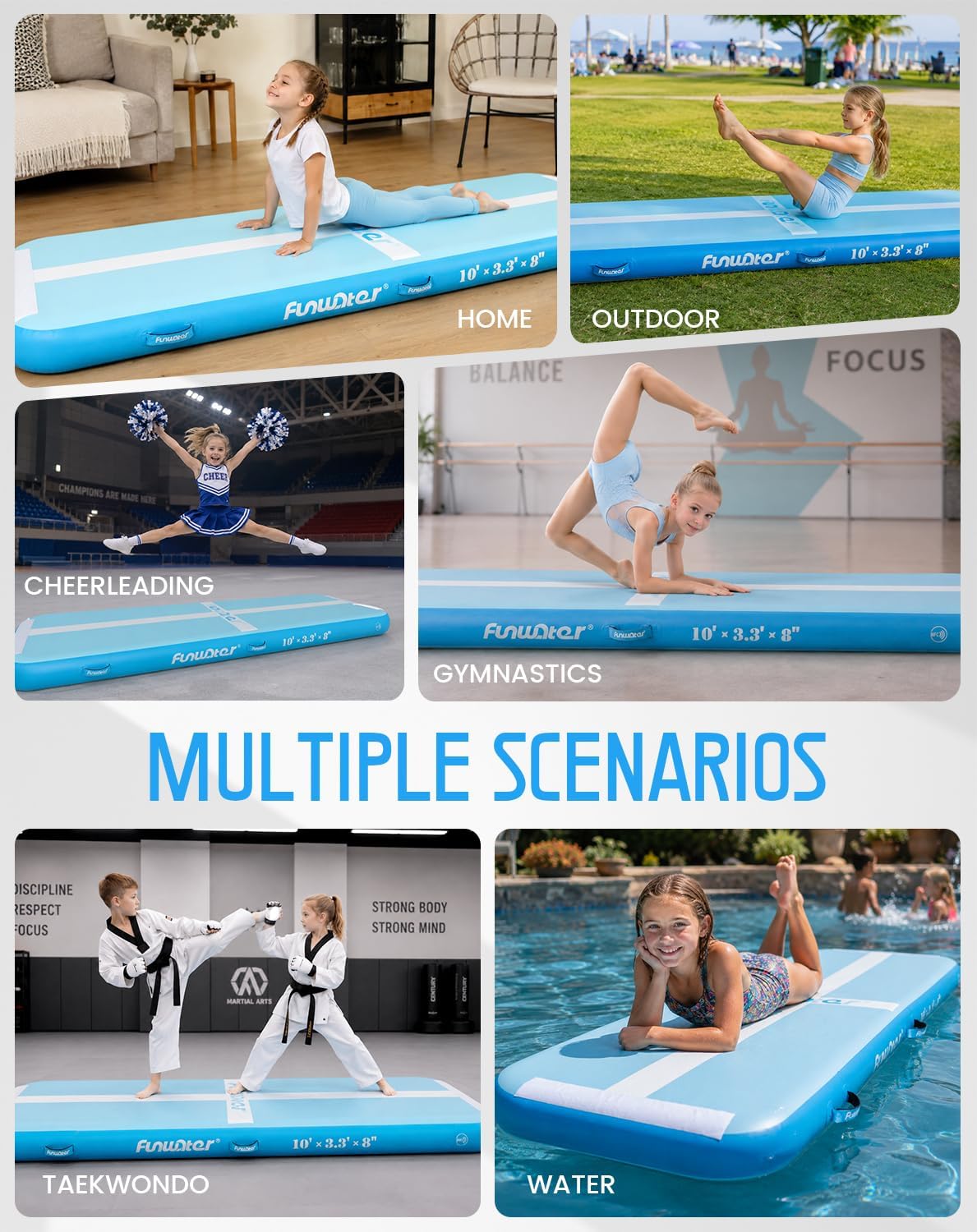 FunWater 10ft Inflatable Gymnastics Tumble Track Tumbling Mat 8in Thick Air Floor Tumble Track with Electric Pump for Cheer Leading/Gymnastics/Beach/Gym/Home