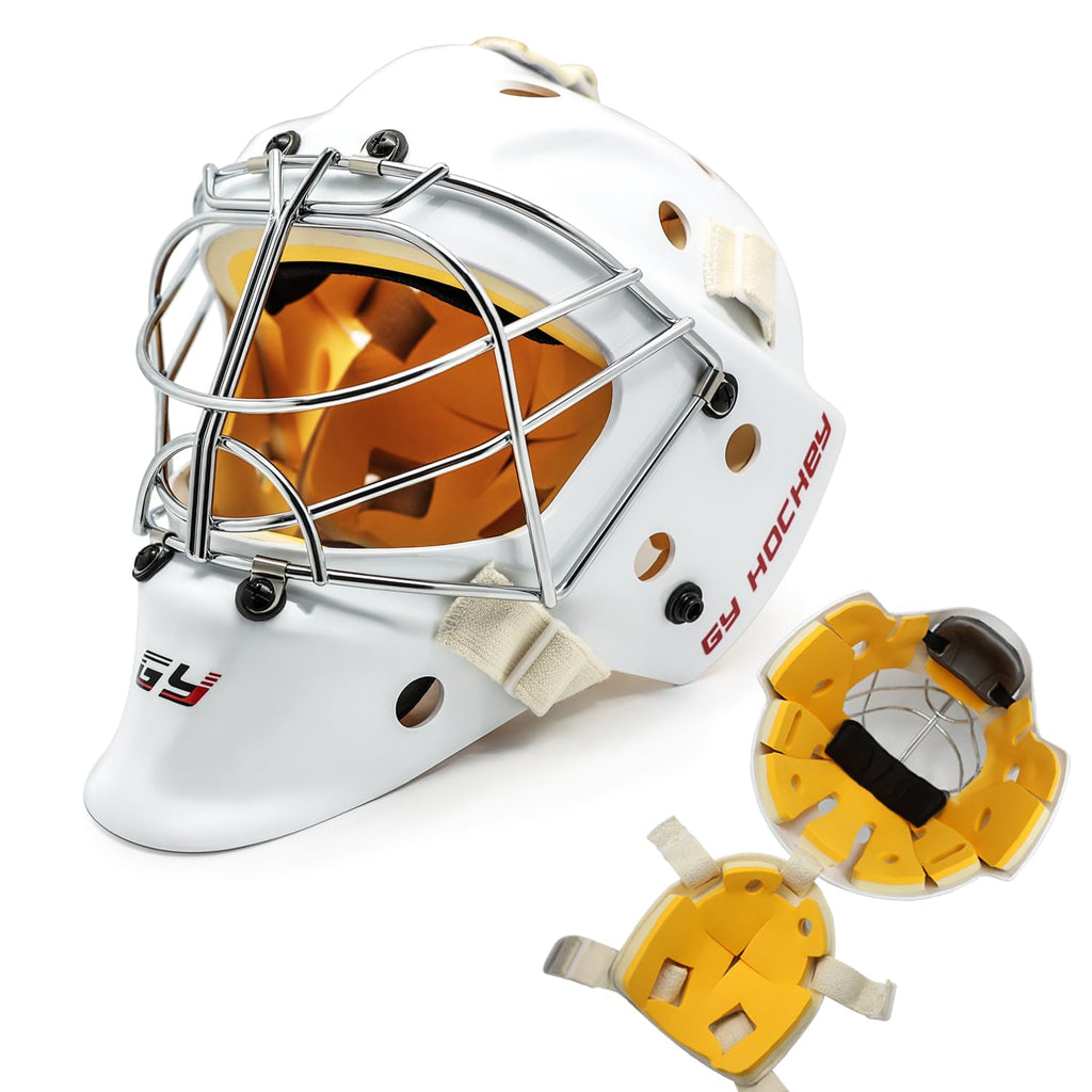 GY Hockey Helmet Combo with Facemask Senior Ice Hockey Goalie Helmet Adult/Cat-Eye Cage, Professional PC & ABS Shell/ 304 Stainless Steel Face Cage/Dual-Layer Lining