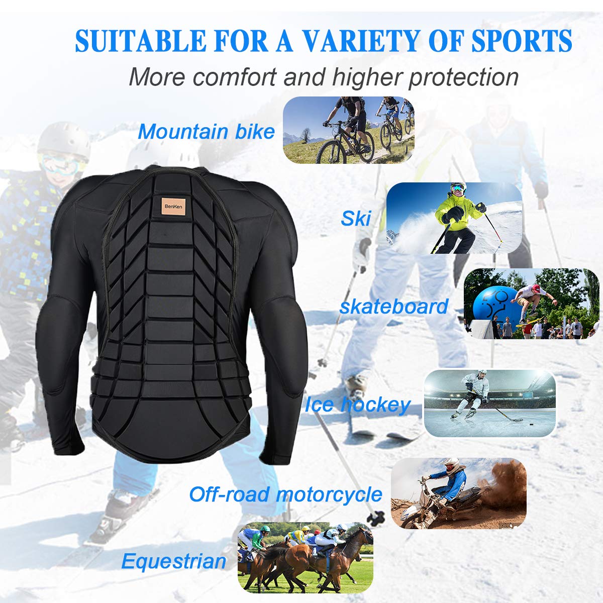 BenKen Men's Women's Professional Anti-Collision Sports Shirts, Protection of the Back, Motorcycle Protective Jacket for Skateboarding Skating Snowboarding Cycling