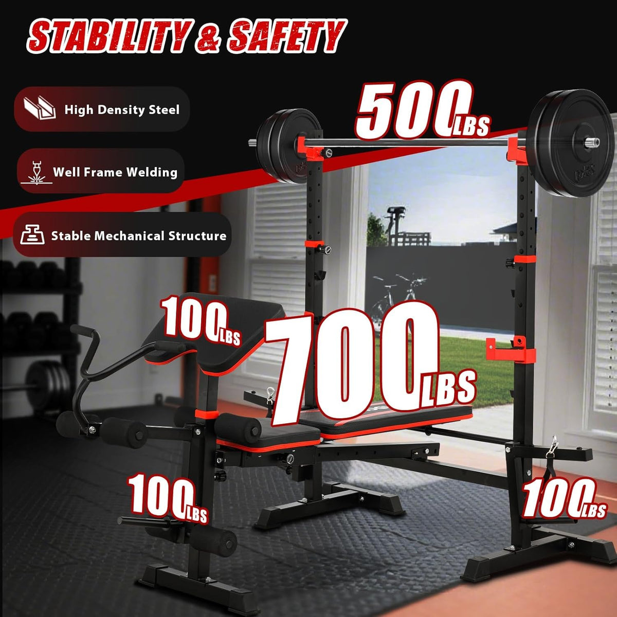 MAIDOMA Foldable 1500LBS Capacity 8 IN 1 Weight Bench Set with Leg Extension/Squat Rack/Preacher Curl, Adjustable Bench Press for Home Gym Full Body Workout (US Stock)