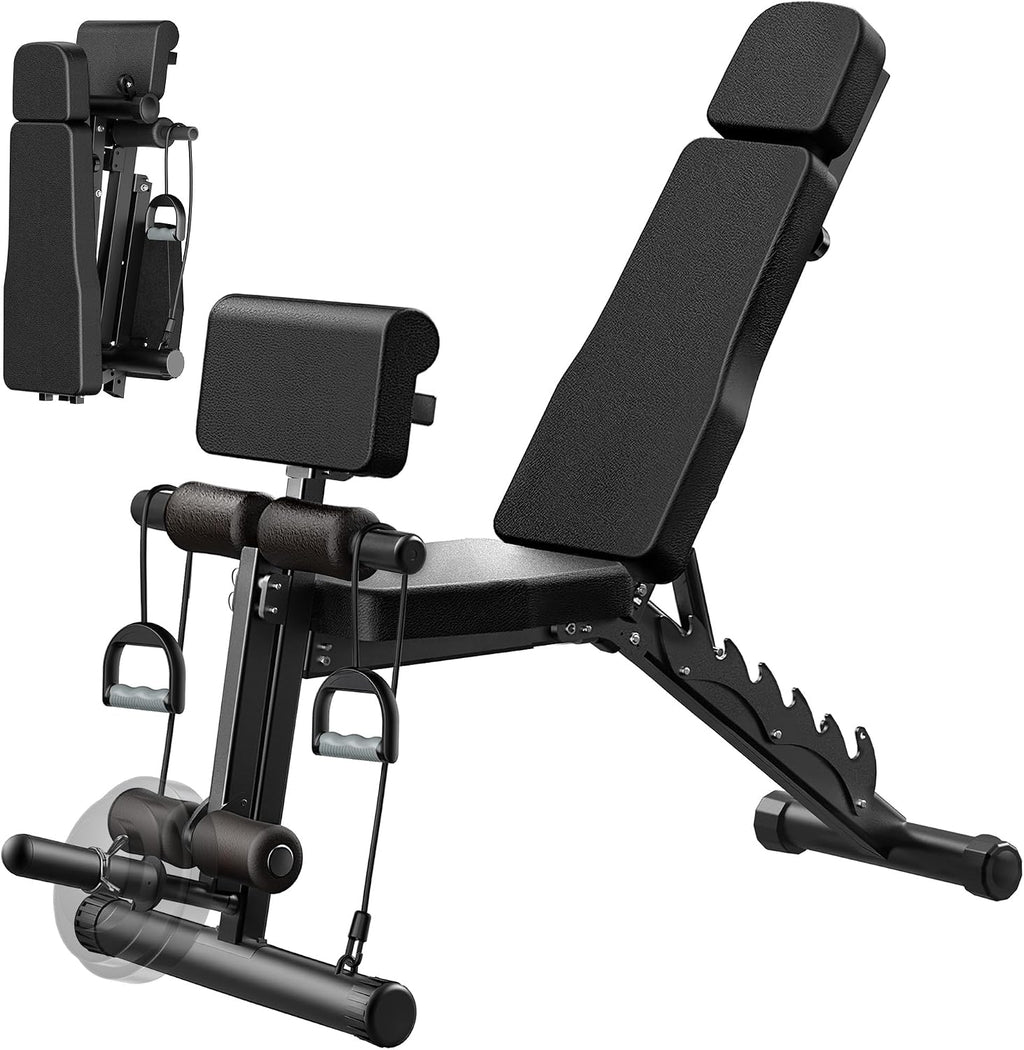 VUSIGN Adjustable Workout Bench, Weight Bench for Home Gym, Preacher Curl Bench with Leg Extension for Full Body Training Fitness, Foldable Incline Flat Decline Sit Up Bench Equipment for Bench Press Dumbbell Exercise with Wheels