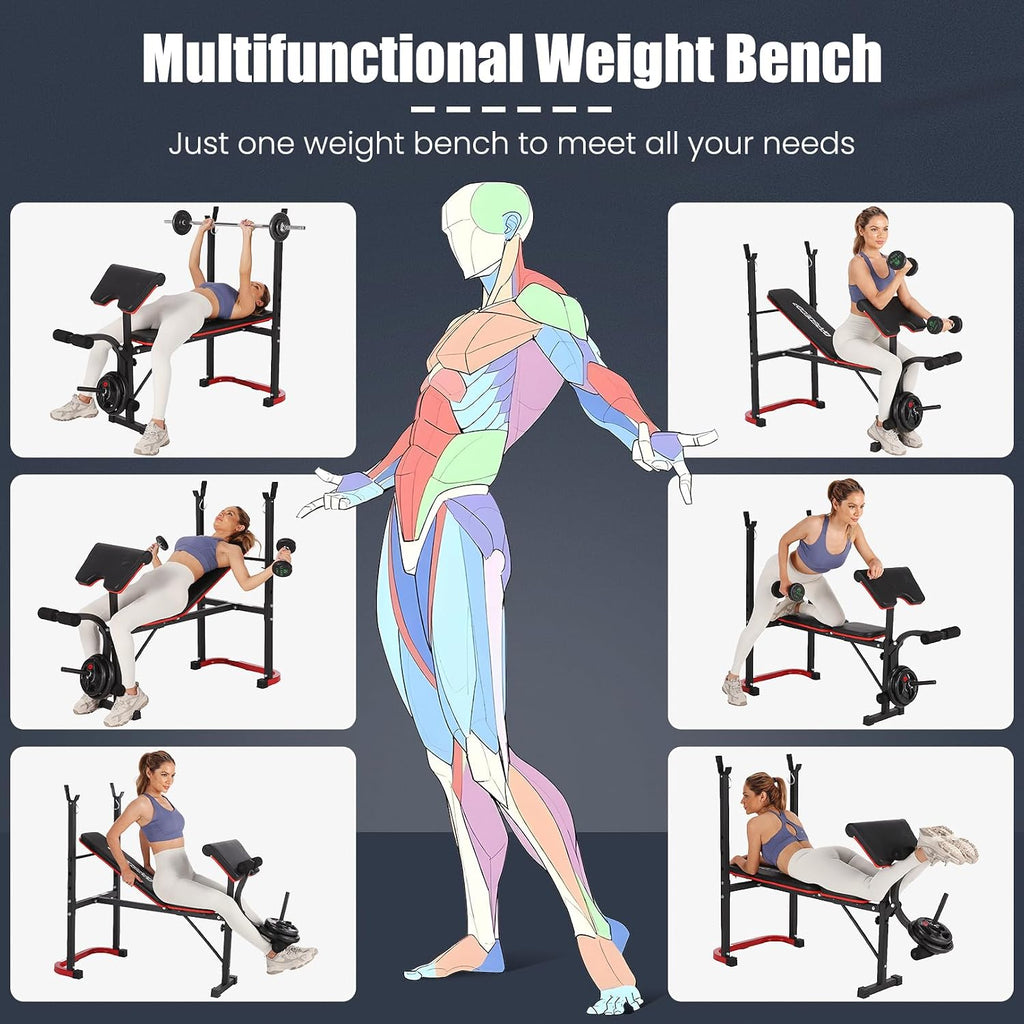 OPPSDECOR 661LBS Weight Bench Set, 8 in 1 Adjustable Bench Press with Squat Rack Leg Extension & Leg Curl Foldable Workout Bench with Safety Bar Catches Standard Weight Training Benches for Home Gym