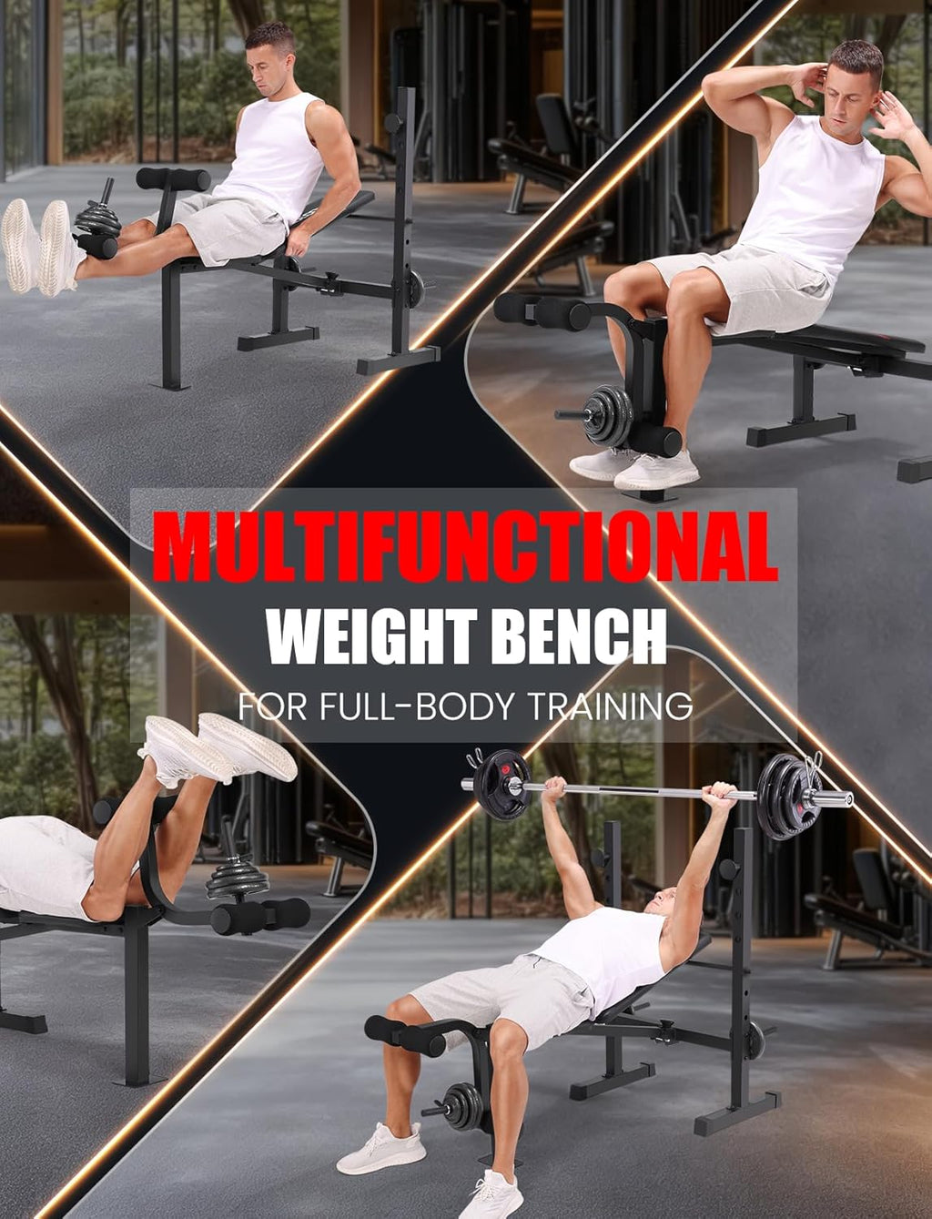 OPPSDECOR Foldable Weight Bench Set with Leg Extension and Curl, Squat Rack