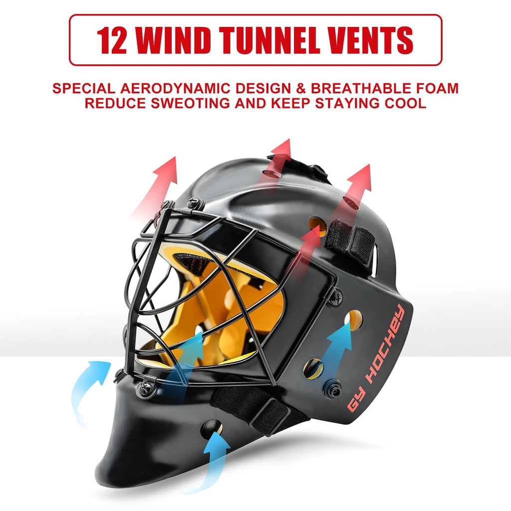 GY Hockey Helmet Combo with Facemask Senior Ice Hockey Goalie Helmet Adult/Cat-Eye Cage, Professional PC & ABS Shell/ 304 Stainless Steel Face Cage/Dual-Layer Lining