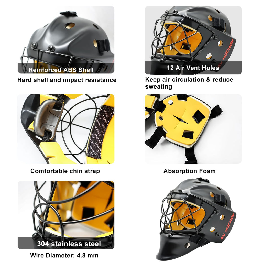 GY Hockey Helmet Combo with Facemask Senior Ice Hockey Goalie Helmet Adult/Cat-Eye Cage, Professional PC & ABS Shell/ 304 Stainless Steel Face Cage/Dual-Layer Lining