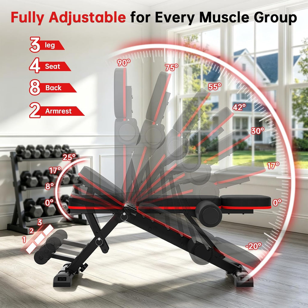 Adjustable Weight Bench for Home Gym, 98% Pre-Assembled Foldable Bench