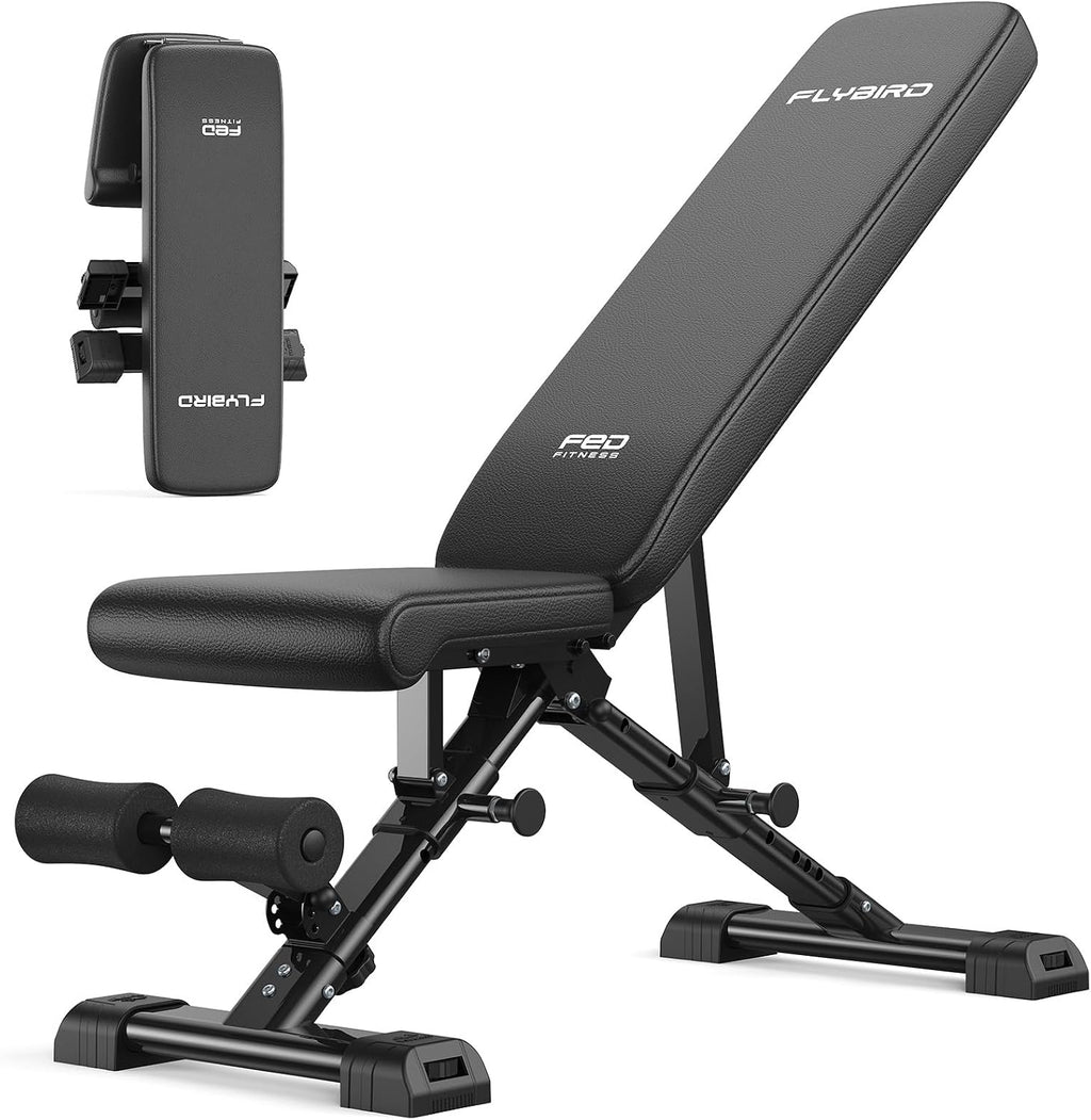 FLYBIRD WB5 Weight Bench, ASTM-Certified 800LBS Adjustable Weight Bench Workout Bench Foldable for Home Gym, 90Â° to -30Â° FID and 30in Extended Backrest for Bench Press Strength Training Exercise