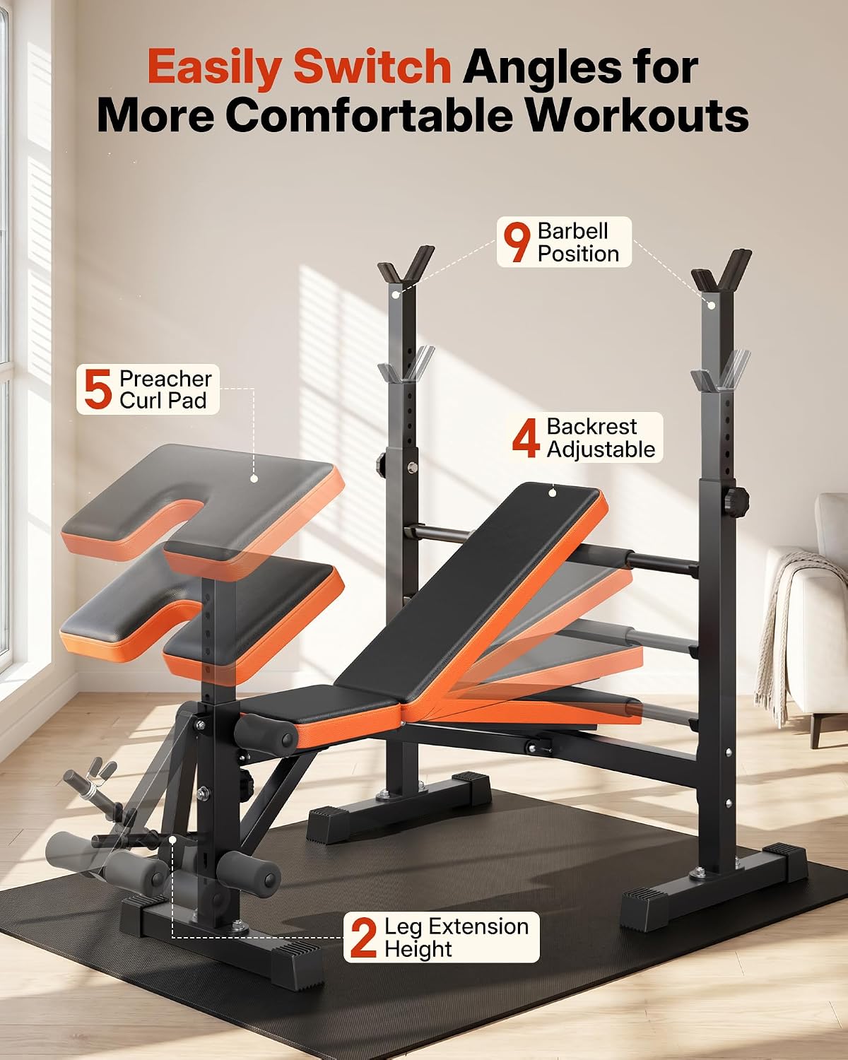 YOLEO 6-in-1 Weight Bench Set, 880LBS Adjustable Bench with Rack & Curl Pad
