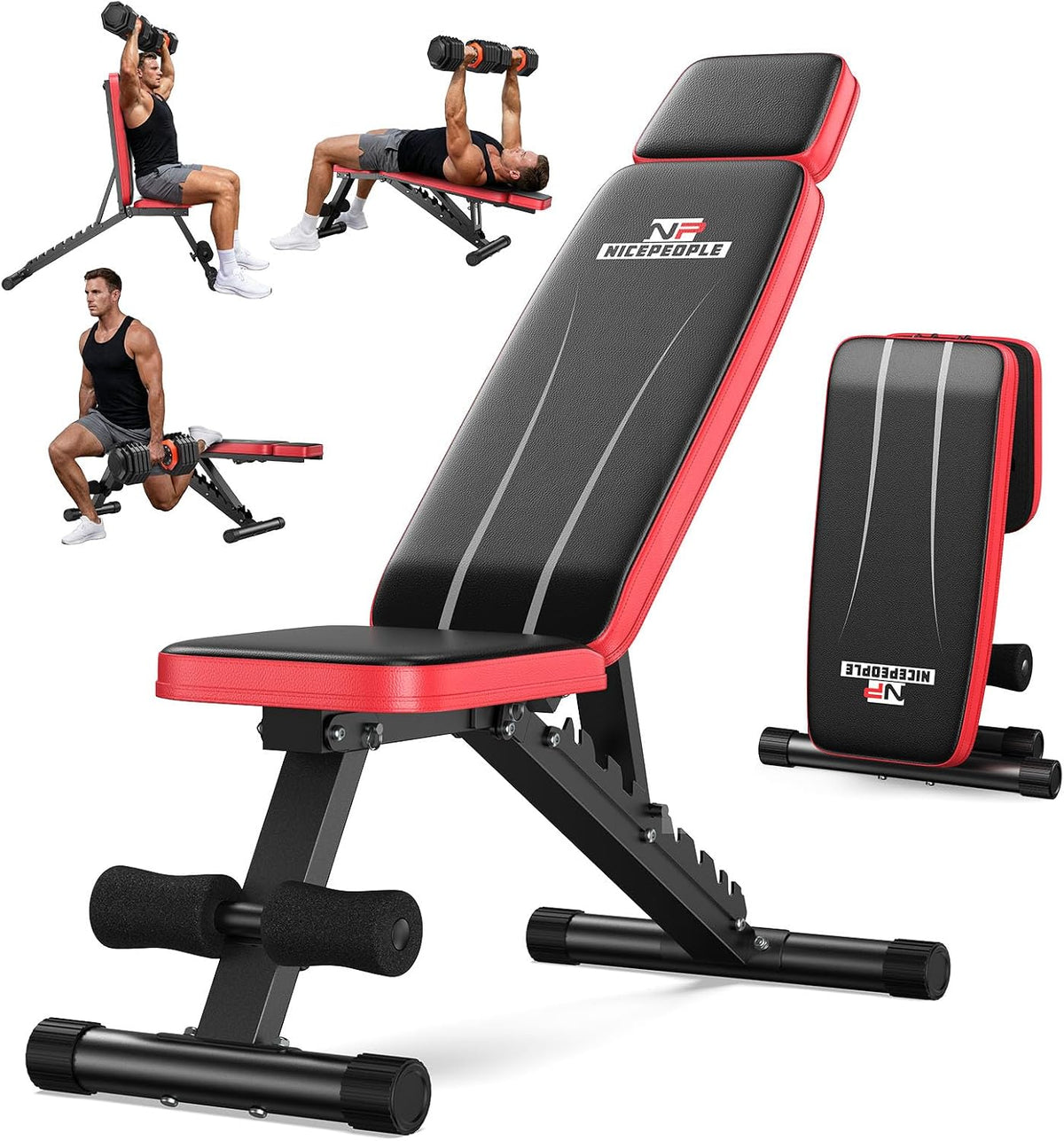 Nicepeople Adjustable Weight Bench up to 6'2", Dual-Support & ASTM-Tested Workout Bench & 10 Backrests for Chest Shoulders Arms for Home Gym, 660LBS Capacity but Compact and Foldable Strength Bench Apartment Room