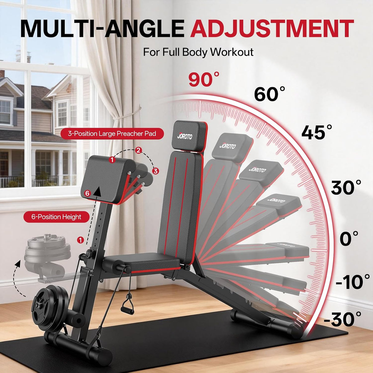 JOROTO Adjustable Weight Bench, Leg & Back Extension, Preacher Curl Bench