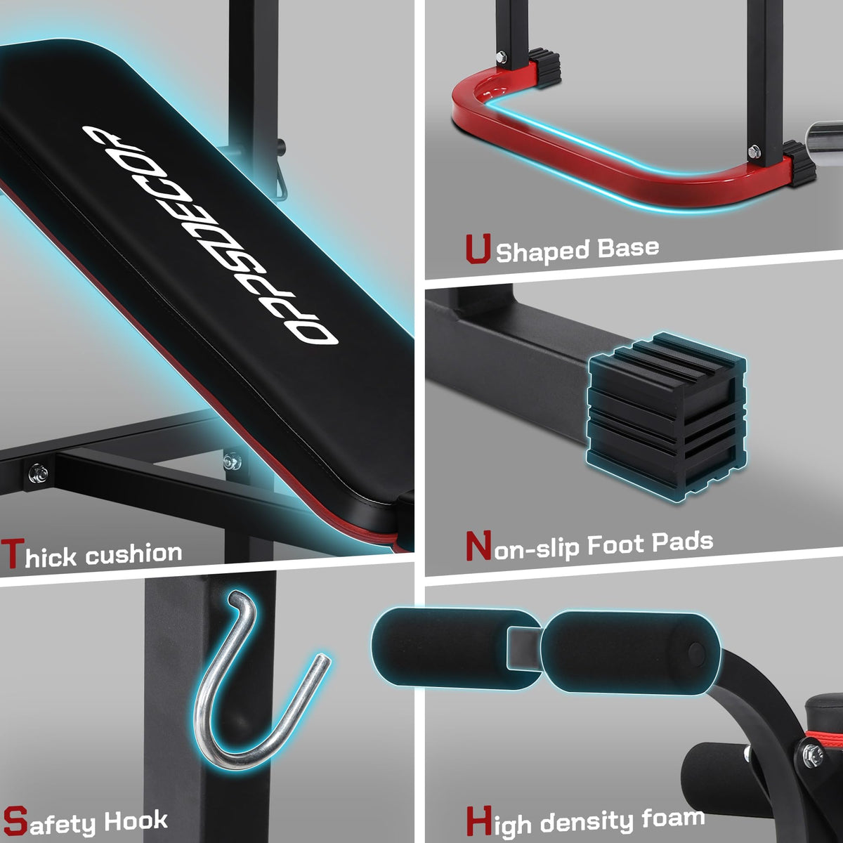 OPPSDECOR Foldable Weight Bench Set with Leg Extension and Curl, Squat Rack