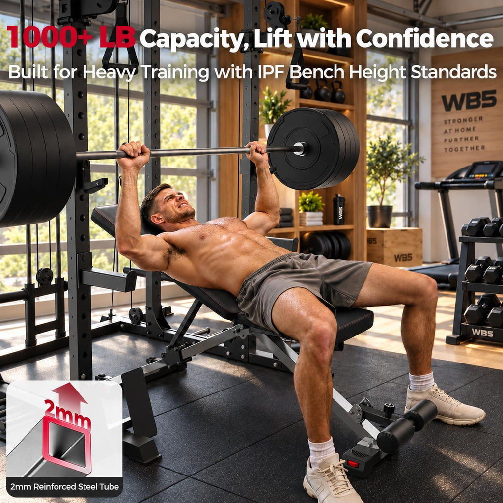 FLYBIRD WB5 Weight Bench, ASTM-Certified 800LBS Adjustable Weight Bench Workout Bench Foldable for Home Gym, 90Â° to -30Â° FID and 30in Extended Backrest for Bench Press Strength Training Exercise