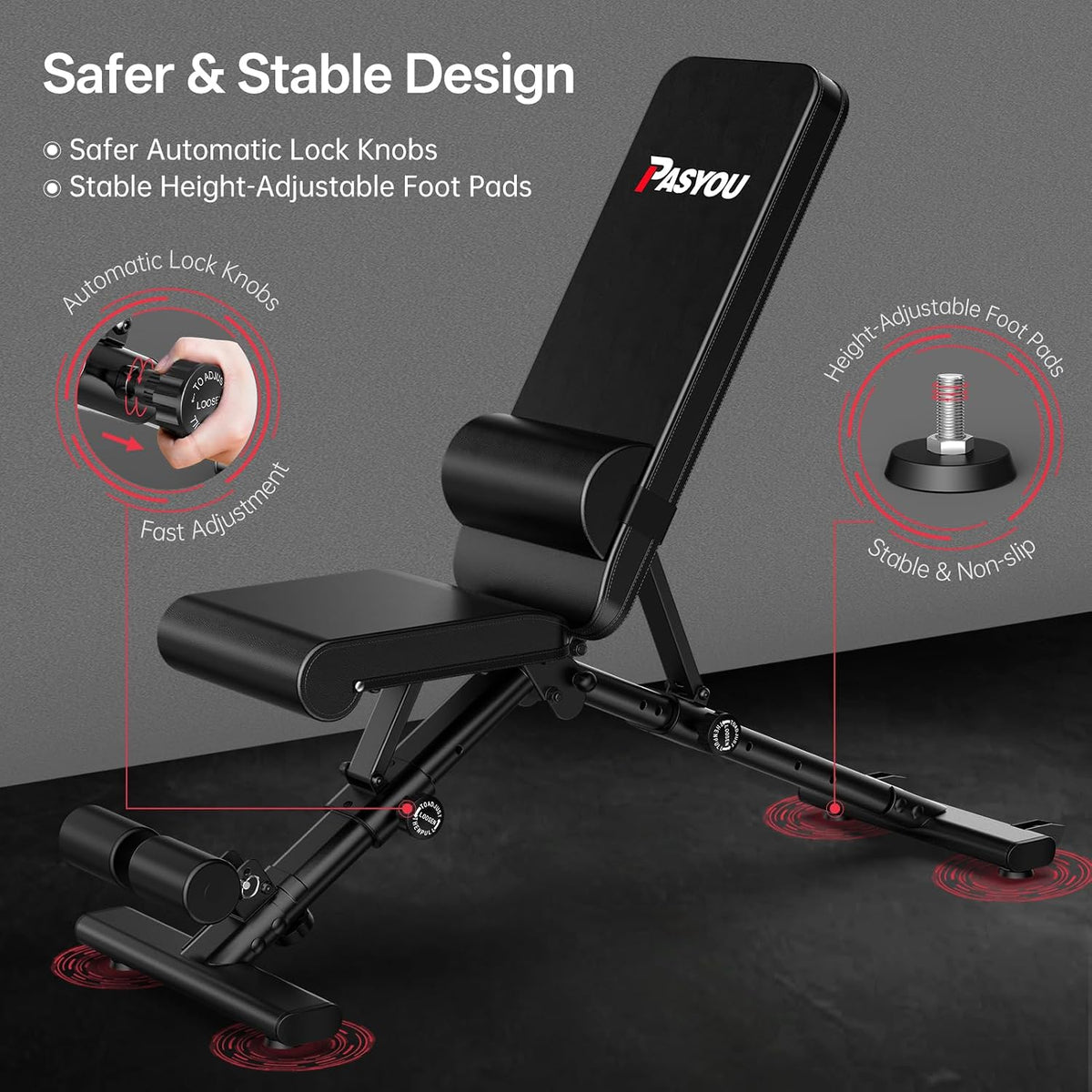 PASYOU Adjustable Weight Bench, 660LB Capacity Foldable Workout Bench, Incline Flat Bench Press for Home Gym, Dual-Frame Strength Training Bench, No Assembly Required, Wider Seat