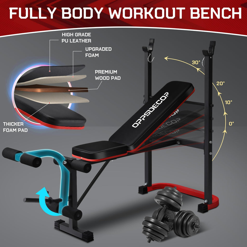 OPPSDECOR Foldable Weight Bench Set with Leg Extension and Curl, Squat Rack
