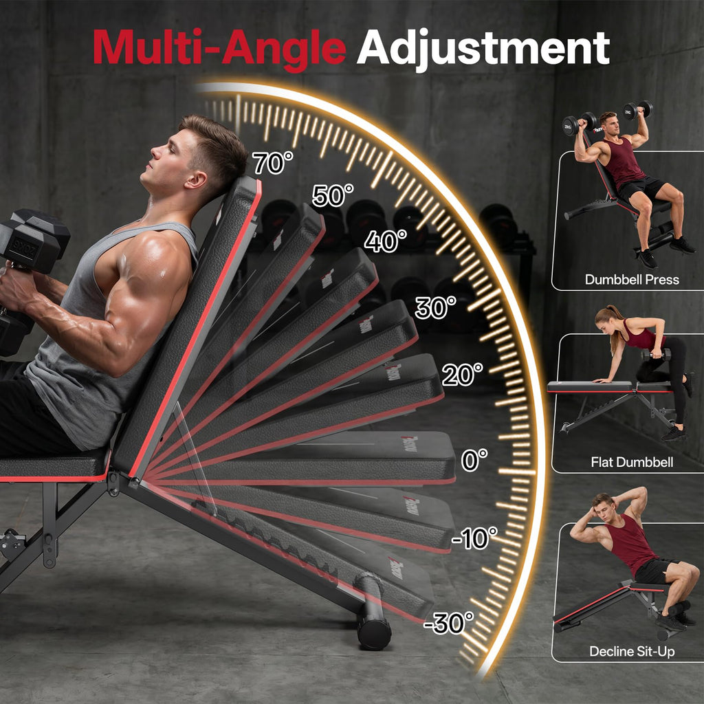 PASYOU Adjustable Weight Bench, 660LB Capacity Foldable Workout Bench, Incline Flat Bench Press for Home Gym, Dual-Frame Strength Training Bench, No Assembly Required, Wider Seat