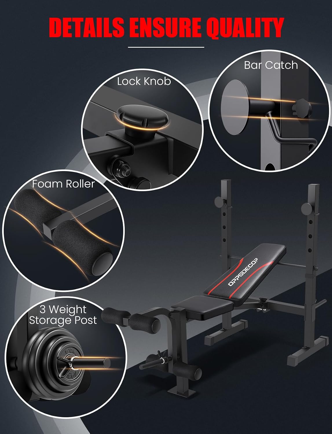 OPPSDECOR Foldable Weight Bench Set with Leg Extension and Curl, Squat Rack