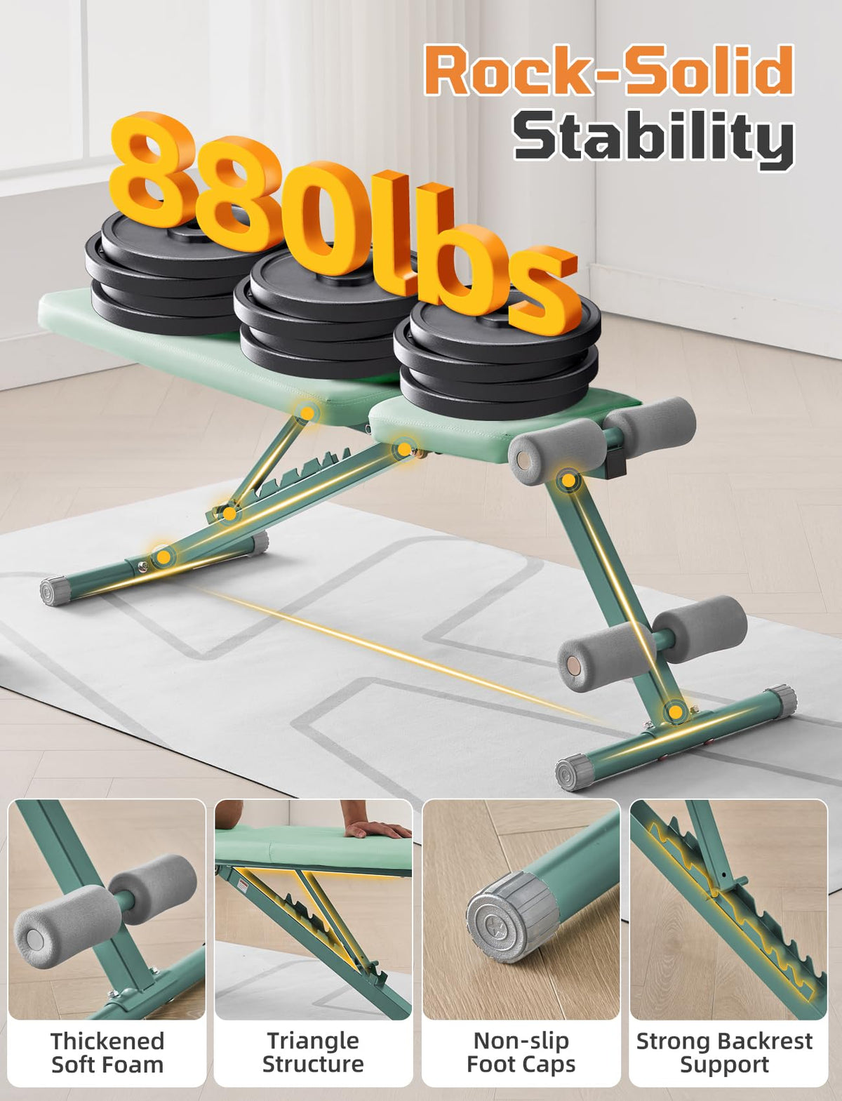 SPORTSOUL 880LB Weight Bench, 8-Position Backrest Adjustable Workout Bench