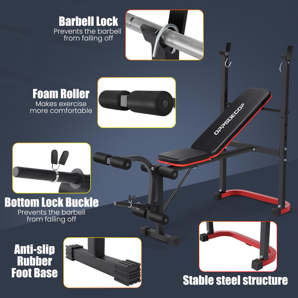OPPSDECOR 661LBS Weight Bench Set, 8 in 1 Adjustable Bench Press with Squat Rack Leg Extension & Leg Curl Foldable Workout Bench with Safety Bar Catches Standard Weight Training Benches for Home Gym