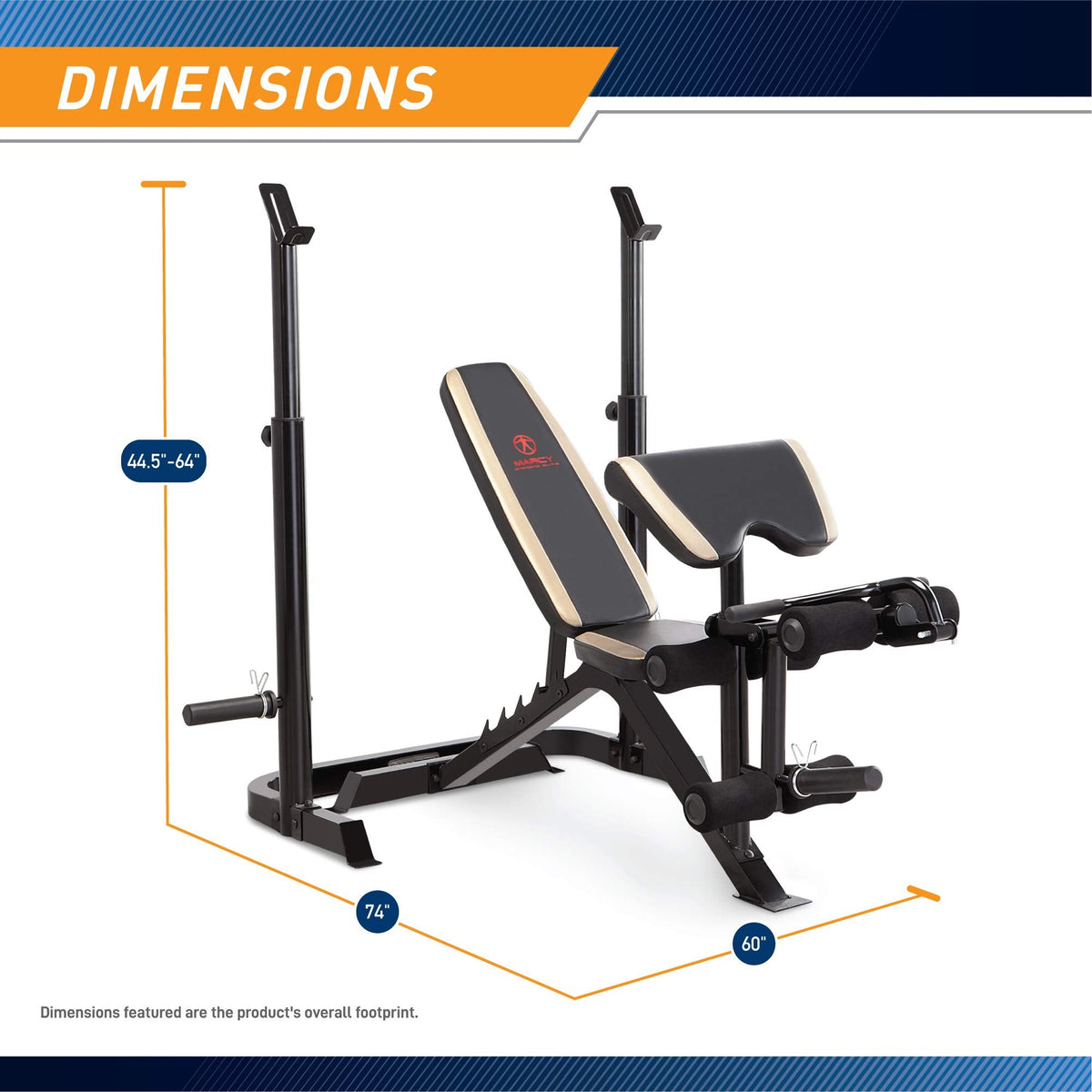 Marcy Olympic Workout Bench for Home Gym Strength Training Equipment with Preacher Curl Pad and Weight Rack Storage, White/Black