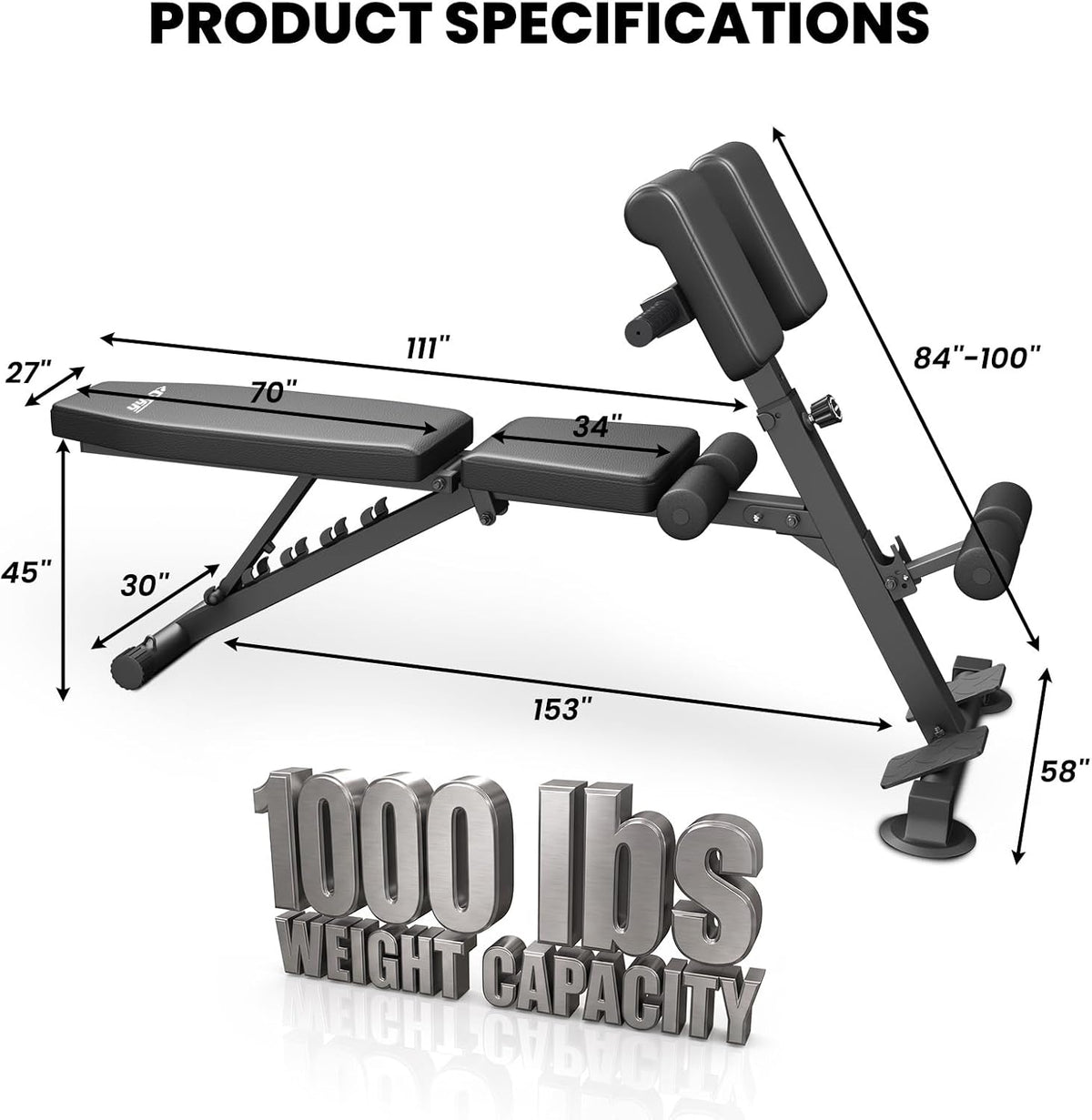 YYJO 1000LBS Adjustable Weight Bench Roman Chair