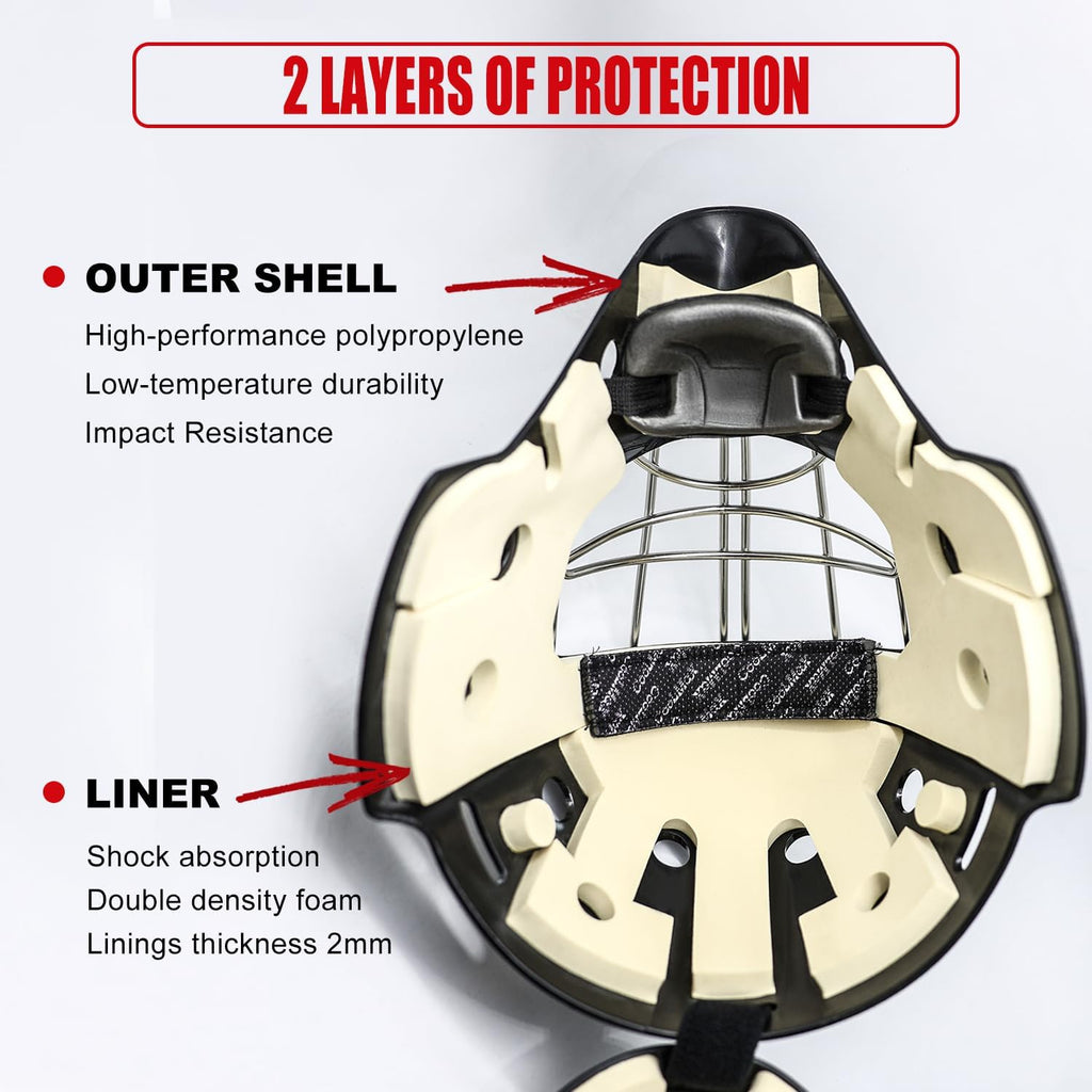GY Hockey Helmet Combo with Facemask Senior Ice Hockey Goalie Helmet Adult/Cat-Eye Cage, Professional PC & ABS Shell/ 304 Stainless Steel Face Cage/Dual-Layer Lining