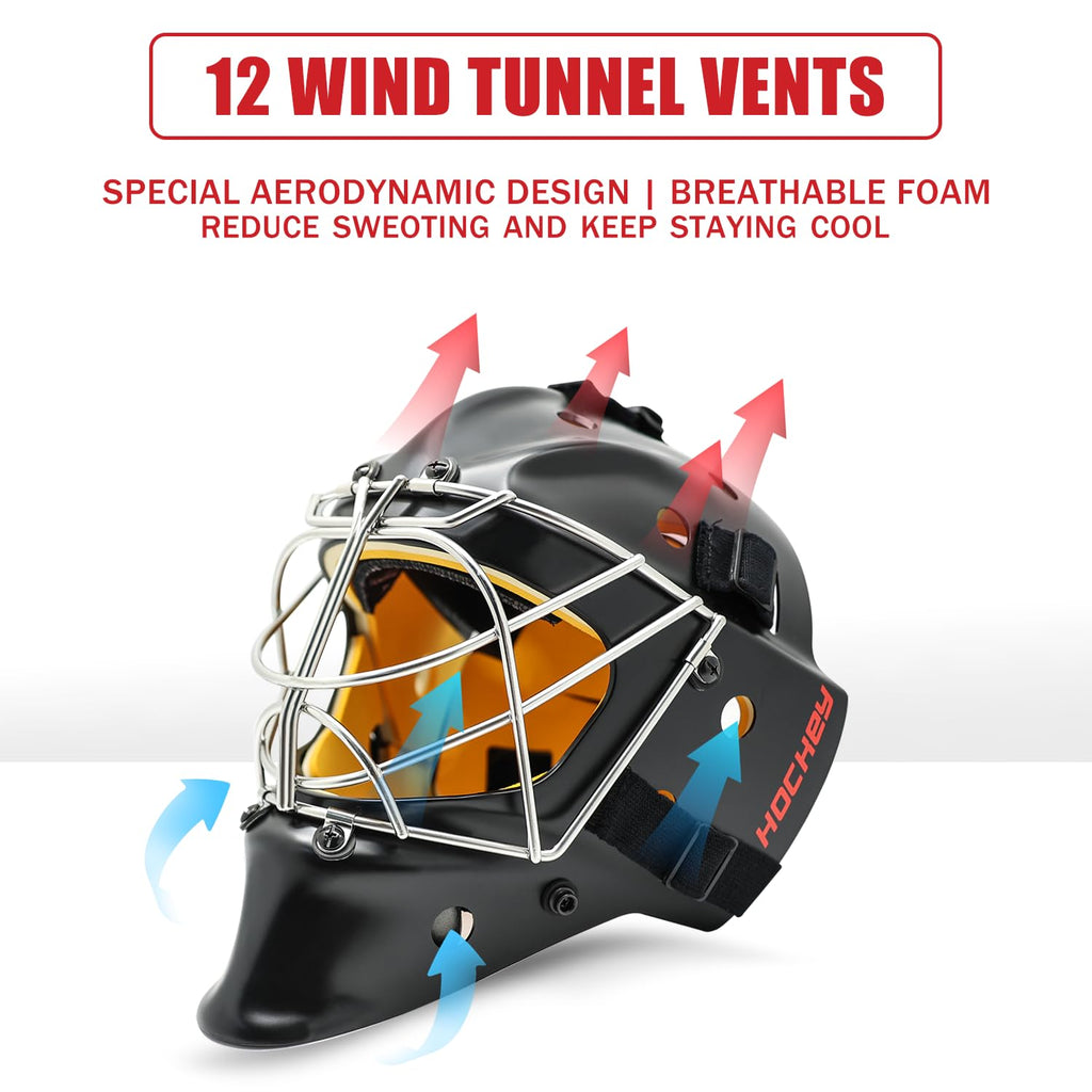GY Hockey Helmet Combo with Facemask Senior Ice Hockey Goalie Helmet Adult/Cat-Eye Cage, Professional PC & ABS Shell/ 304 Stainless Steel Face Cage/Dual-Layer Lining