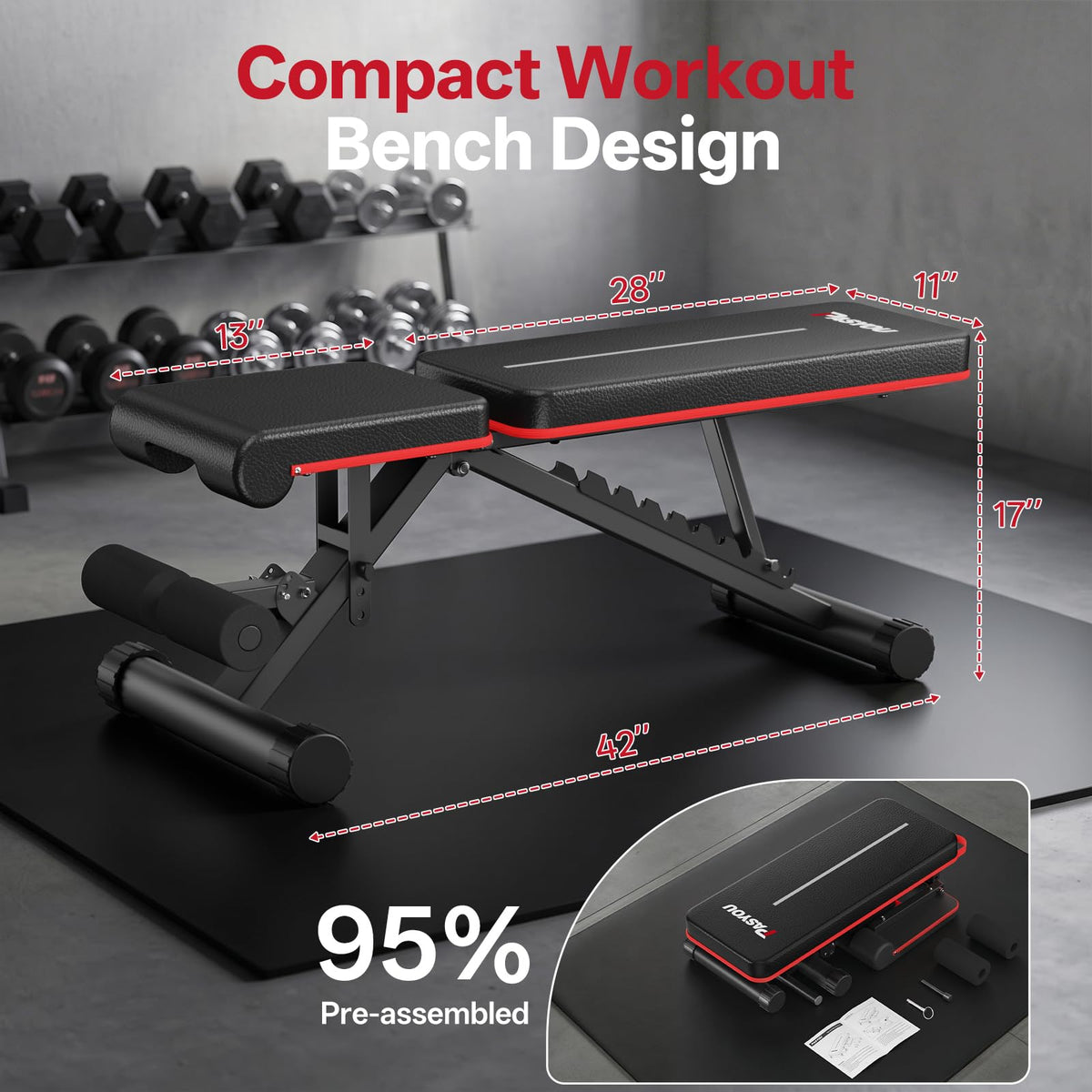 PASYOU Adjustable Weight Bench, 660LB Capacity Foldable Workout Bench, Incline Flat Bench Press for Home Gym, Dual-Frame Strength Training Bench, No Assembly Required, Wider Seat
