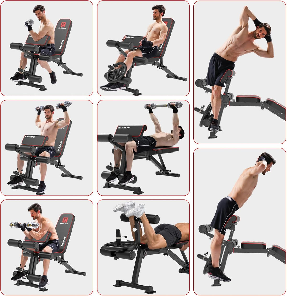 K KiNGKANG Foldable Weight Bench with Leg Curl, 1200 LBS Heavy Duty Workout Bench, 4-Level Adjustable Distance for All Heights, Multi-Position Incline Decline Exercise Bench with Dumbbell Rack for Home Gym