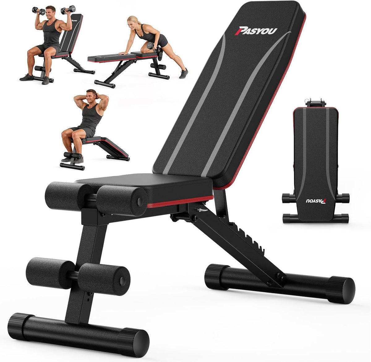 PASYOU Adjustable Weight Bench, Foldable, Incline Decline Flat, Bench Press with 660LBS, 95% Pre-Assembled, Compact Workout Bench Full Body Strength Training Bench for Home Gym, Wider Seat