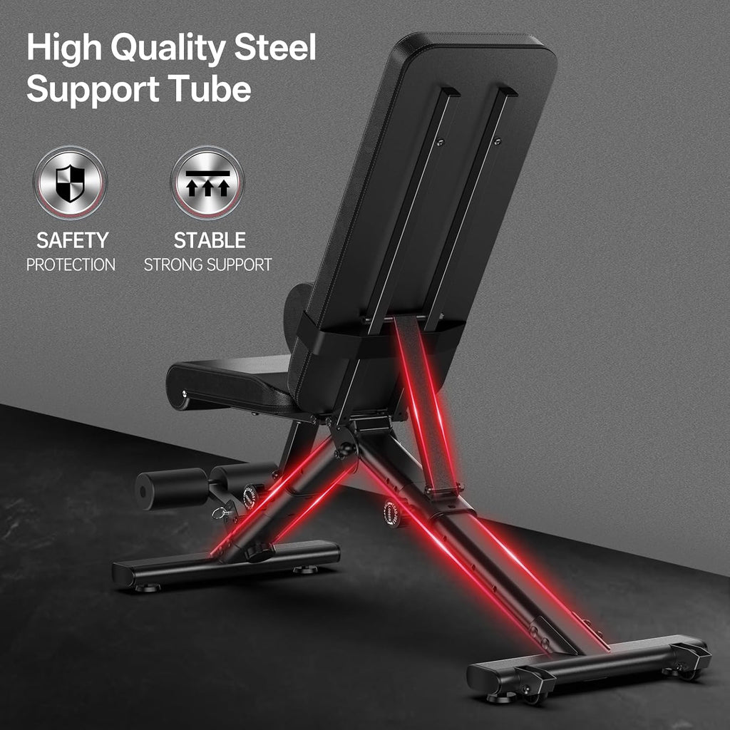 PASYOU Adjustable Weight Bench, 660LB Capacity Foldable Workout Bench, Incline Flat Bench Press for Home Gym, Dual-Frame Strength Training Bench, No Assembly Required, Wider Seat