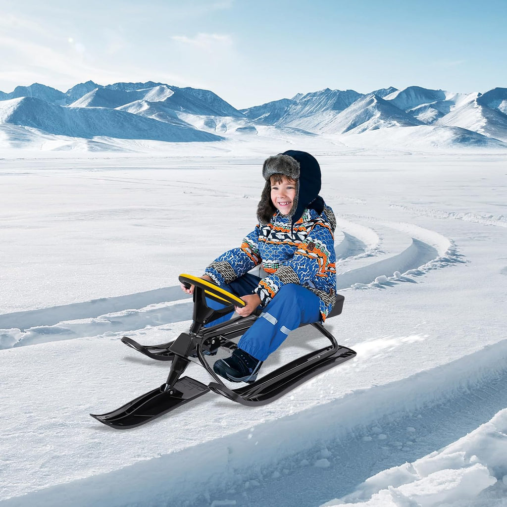 Snow Racer Sled, Steerable Ski Slider with Twin Serrated Brakes, 220lbs Load Capacity Winter Sport Sled for Adults Children